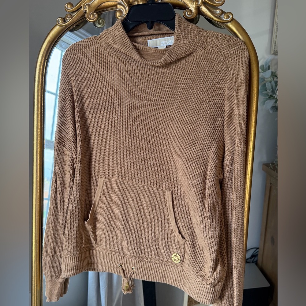 Michaels Camel Waffle Knit Cowl Turtleneck Hoodie Sweater